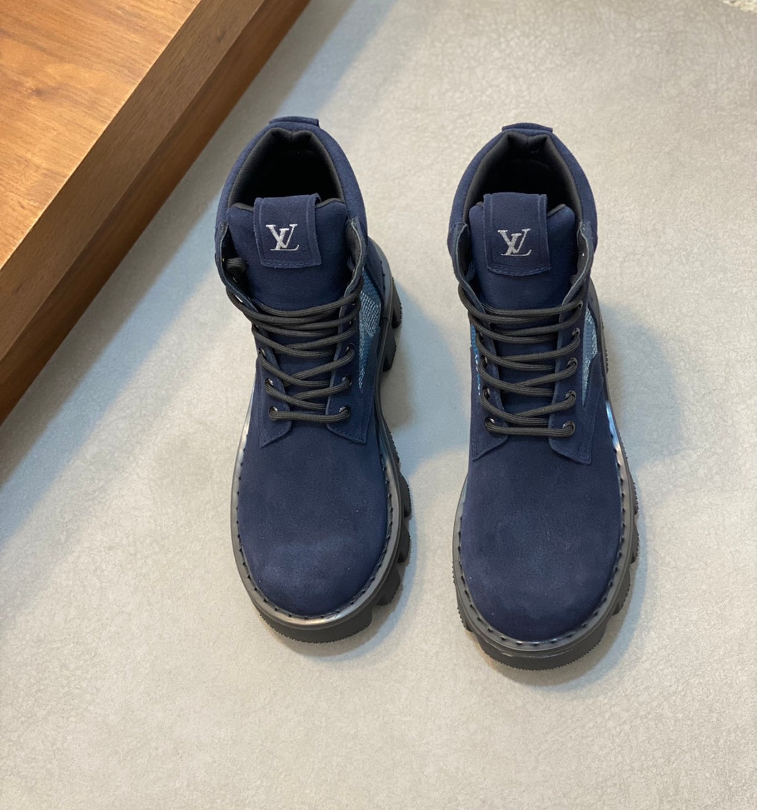 Blue suede LV boots