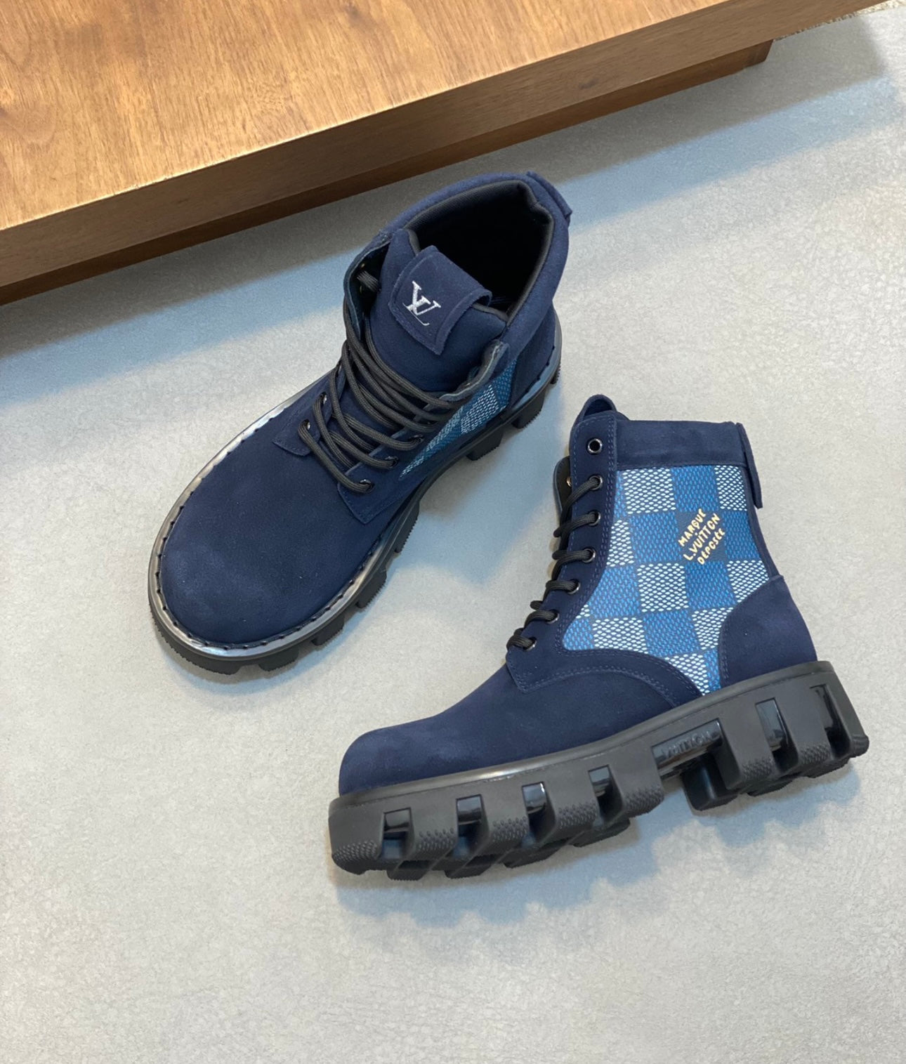 Blue suede LV boots