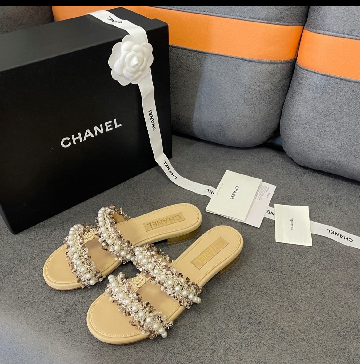 New tan/cream Chanel pearl sandal