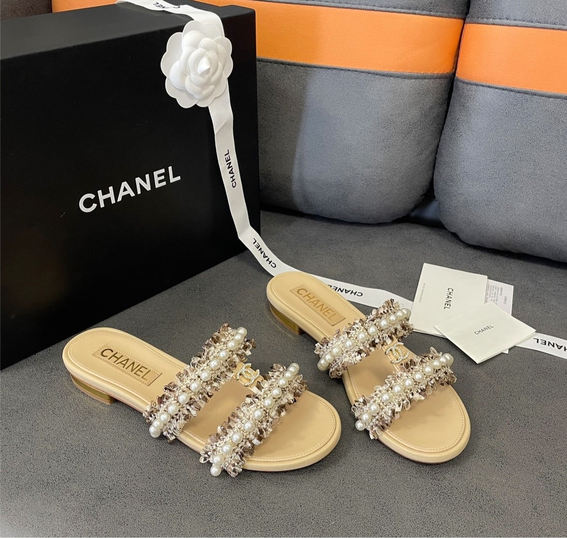New tan/cream Chanel pearl sandal