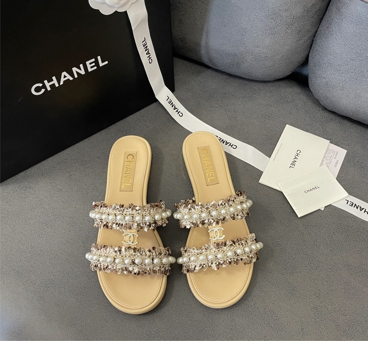 New tan/cream Chanel pearl sandal