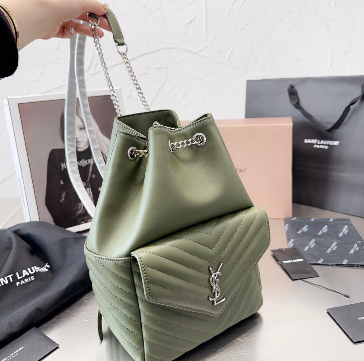 YSL woman shoulder green bag