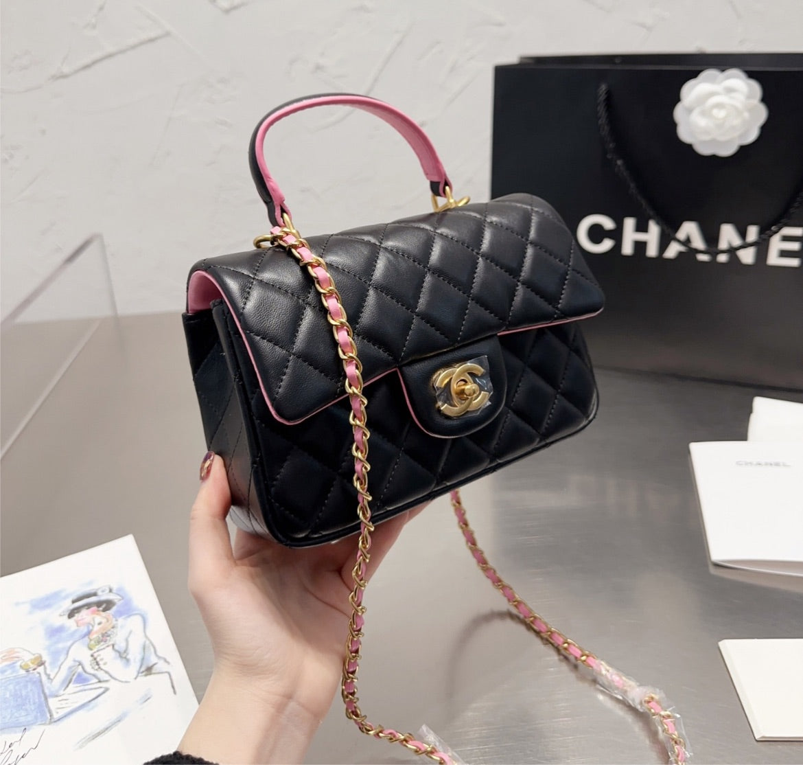 New black/pink Chanel woman handbag