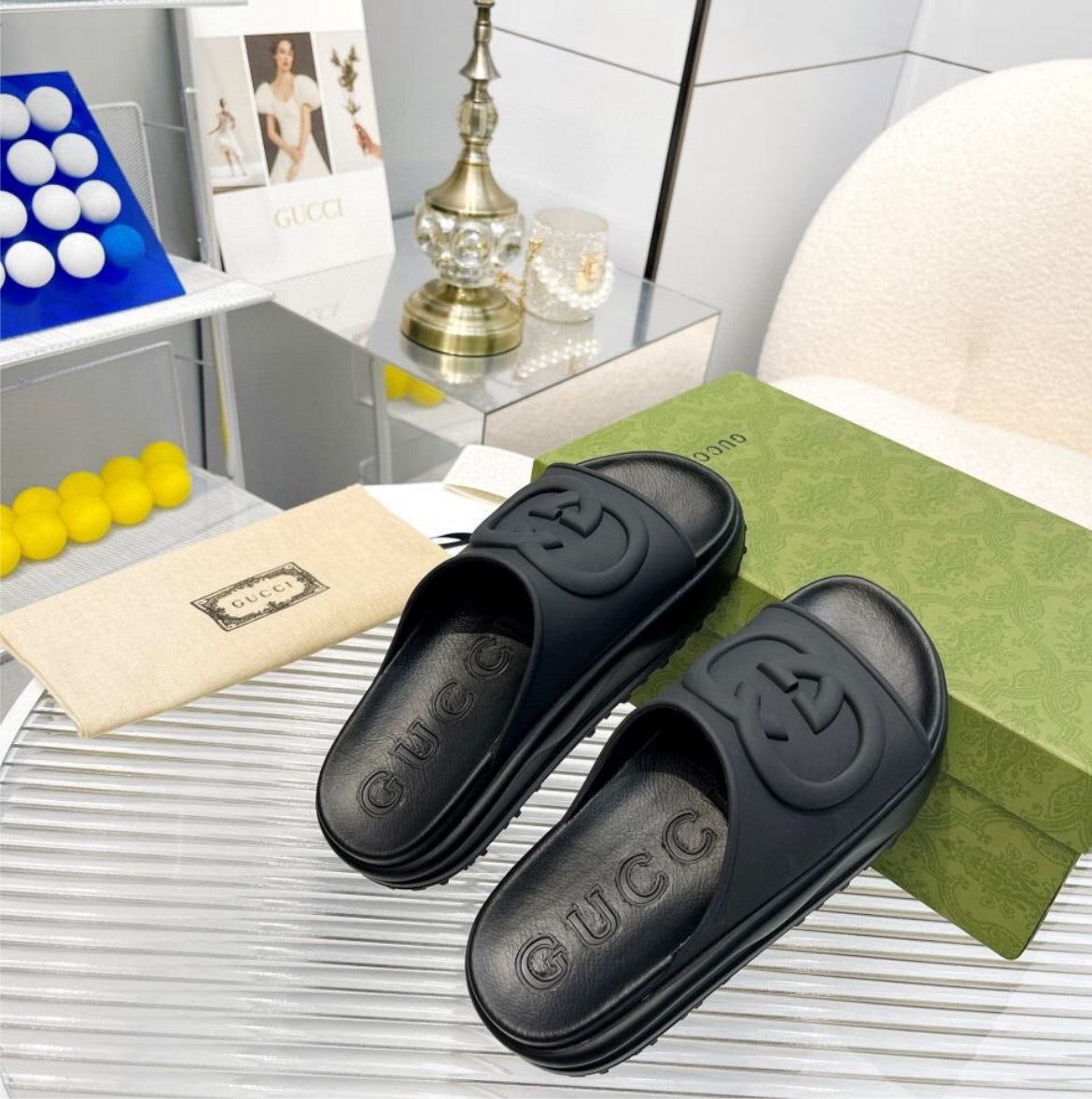 Black Gucci slides
