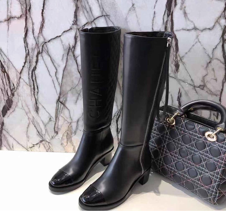 Chanel leather tall black boots