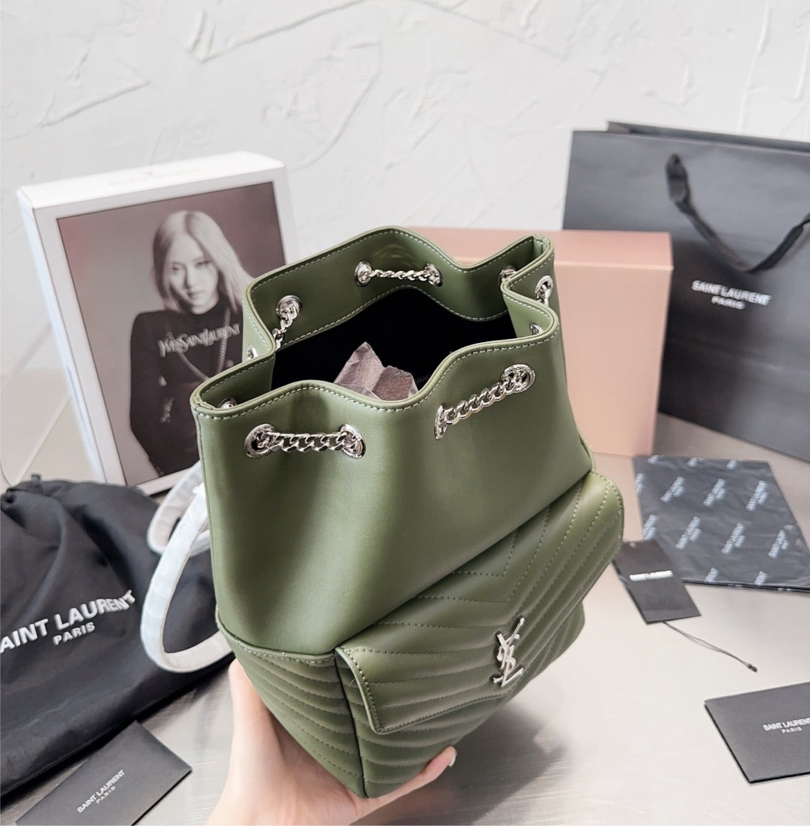 YSL woman shoulder green bag