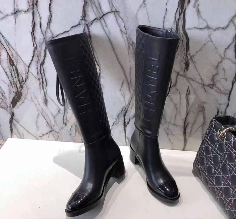 Chanel leather tall black boots